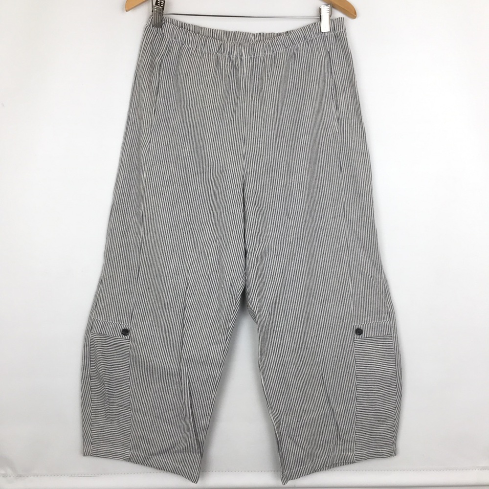 Women’s Linen Blend Blue & White Strip Wide Barrel Leg Pants High Rise Nautical